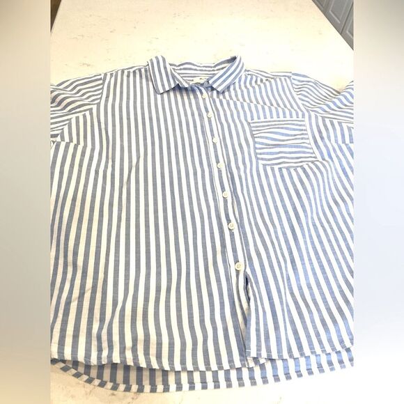 CARLISLE Per Se Blue and White Coastal Striped Laganlook Button Down Top 2x - Picture 7 of 8